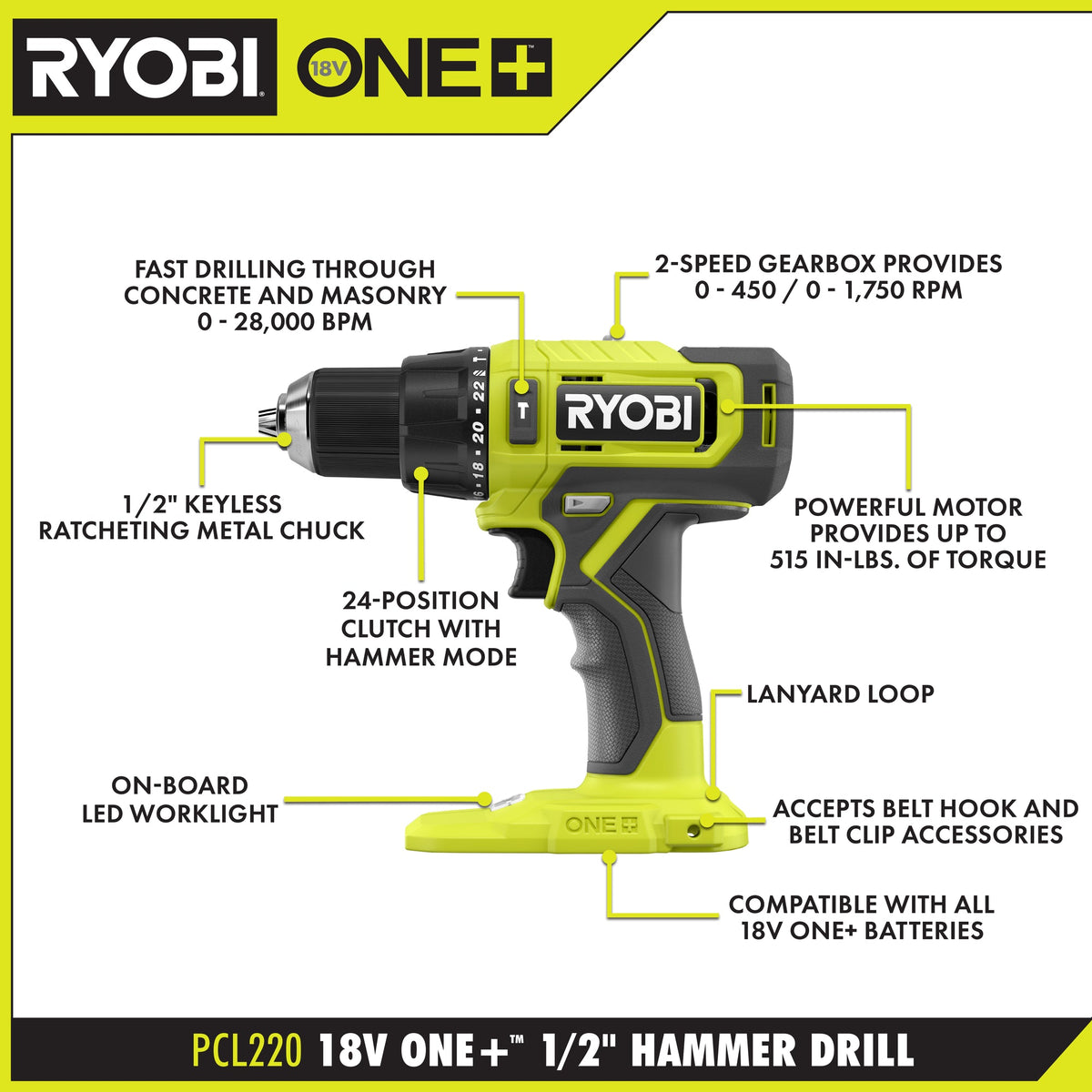 18V ONE+ 1/2" HAMMER DRILL Image 2