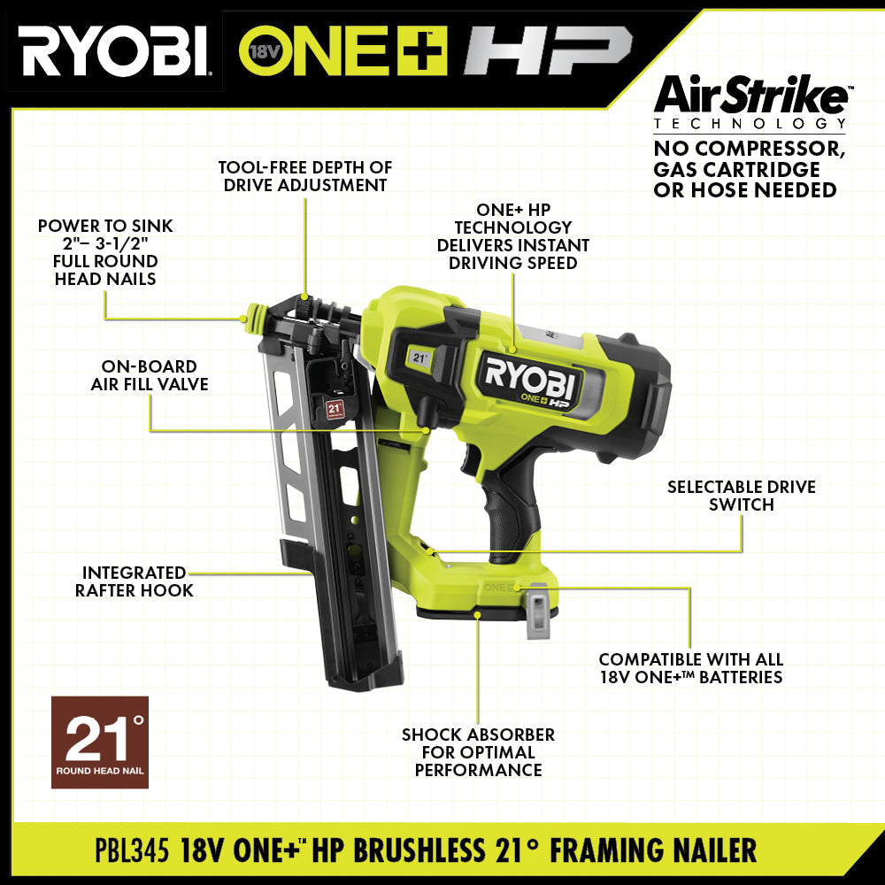18V ONE+ HP Brushless AirStrike 21° Framing Nailer Image 2