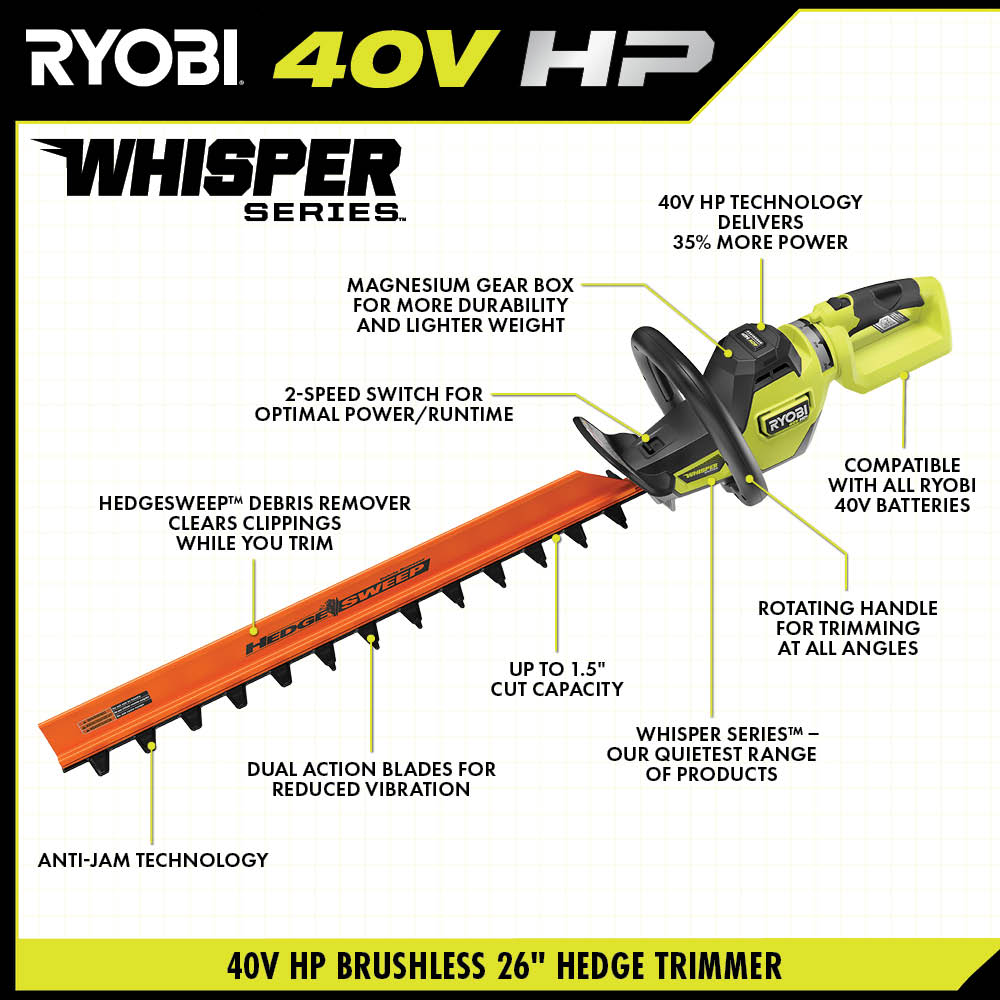 40V HP BRUSHLESS WHISPER SERIES 26" HEDGE TRIMMER KIT Image 2